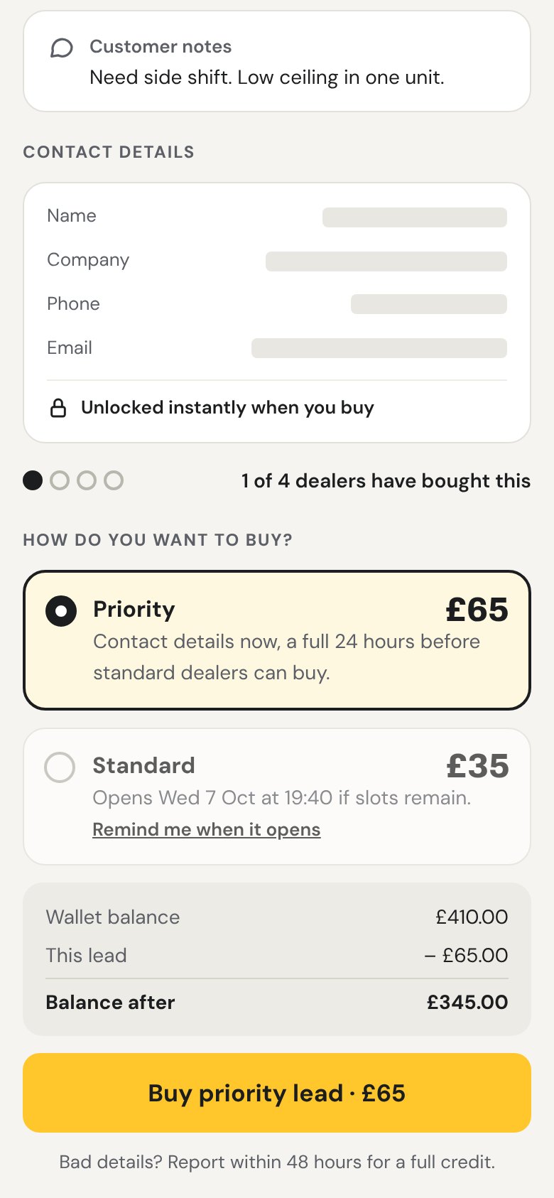 Dealer app: choose priority or standard and buy a lead